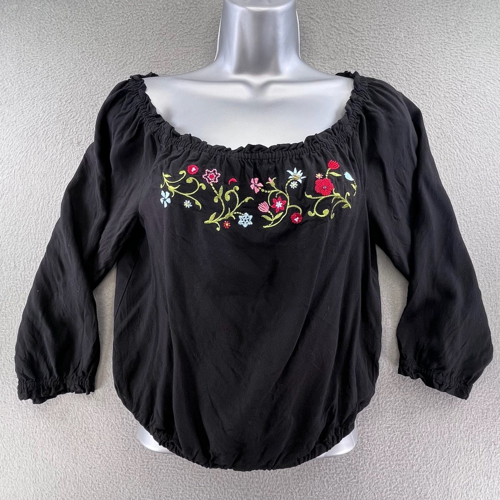 VTG‎ Candies Women Peasant Top Black Rayon Floral Embroidered Medium Boho Blouse